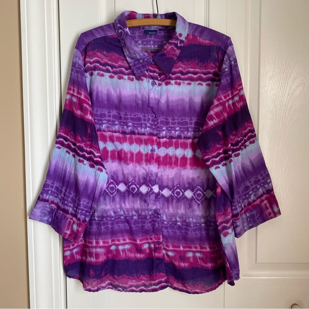 Purple Pink Women's Tie-Dye Button Up Blouse 1X Collared Casual Boho Chic Retro